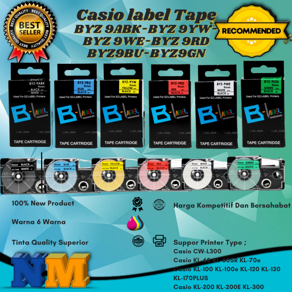 

Compatible Casio label Tape BYZ 9ABK,BYZ 9WE, BYZ 9RD ,BYZ 9BU, BYZ 9YW 1Set - CW - L300
