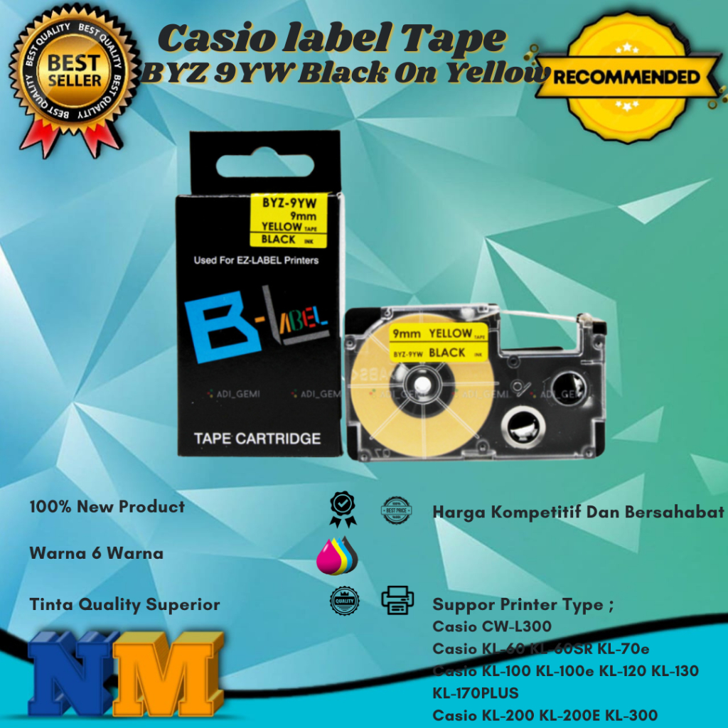 

Compatible Casio Label Tape BYZ 9YW Black On Yellow - KL100 KL-100e KL-200