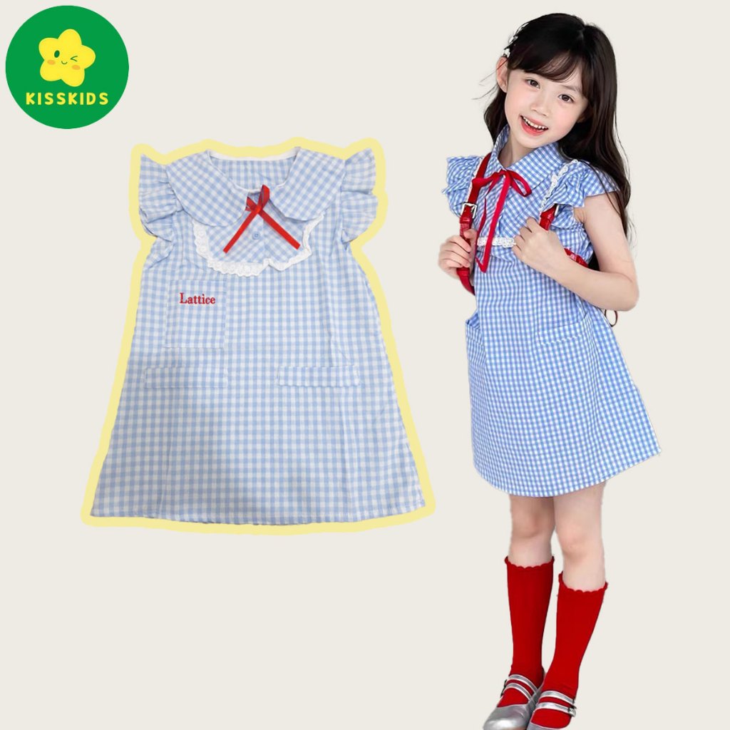 kisskids Korean Dress Anak Perempuan Dress putri Dress Gaya akademi Kisi-kisi biru Lengan baju terba