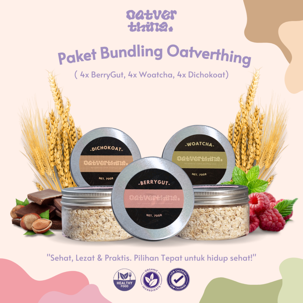 

Paket Bundling Granola Oatmeal 4pcs BerryGut Woatcha Dichokoat Sereal Sarapan Sehat Kemasan Jar 70g
