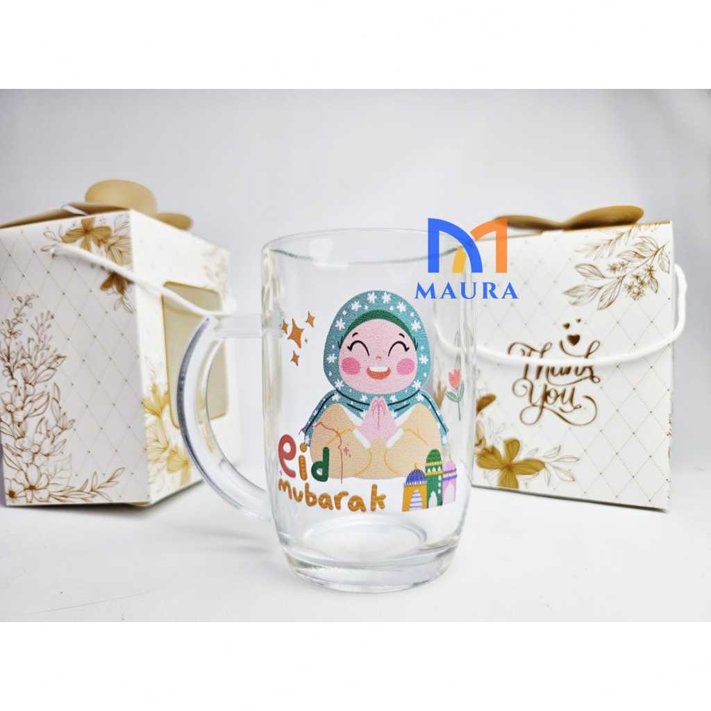 Souvenir Mug Oval Jumbo Gagang Kaca Gelas Jus Tumbler Es Teh Sablon Decal Kemas Box