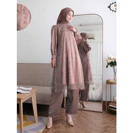 TRENDY LAURA SET BAJU ATASAN BRUKAT PLUS BAWAHAN CELANA BAHAN SILK PREMIUM BAJU SET KONDANGAN BRUKAT