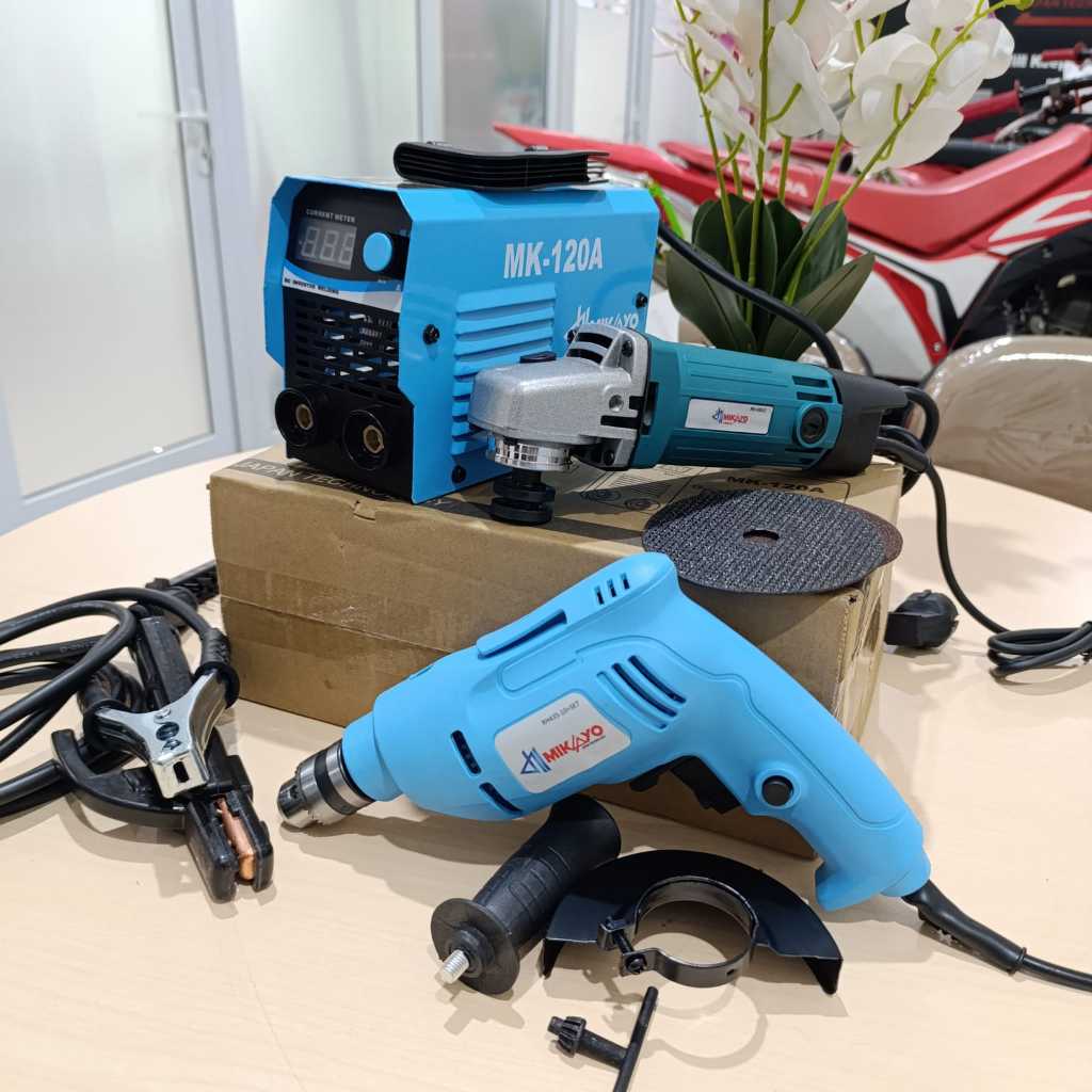 PAKET HEMAT  Mesin Las 450watt Travo Las + Mesin Gerinda Tangan listrik 4inch + Mesin Bor Listrik 10
