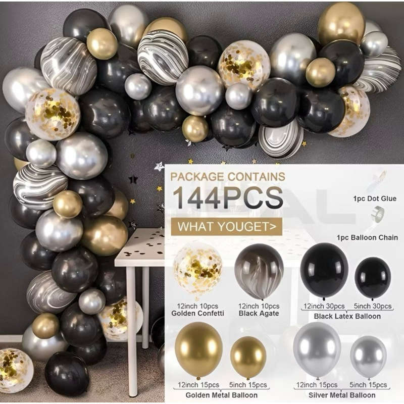 PAKET BALON ULANG TAHUN HITAM CHROME GOLD MARBLE
