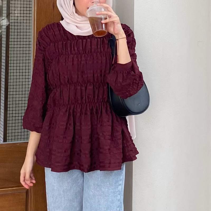 AMOIRA | JANE TOP - Atasan blouse crinkle pink maroon