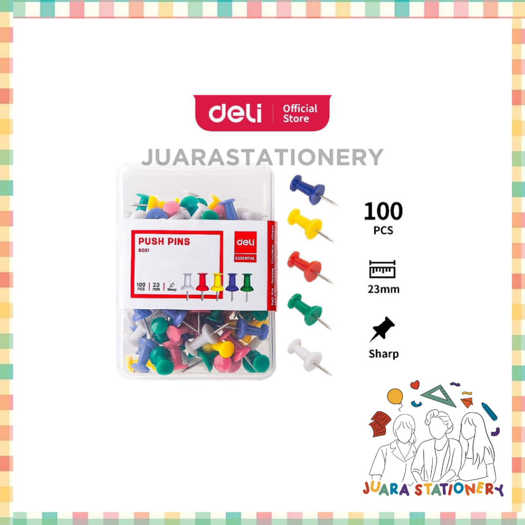 

Deli Push Pins 23mm 100pcs/Box Anti karat 5 Warna untuk memudahkan pengindeksan E0031 (3113)