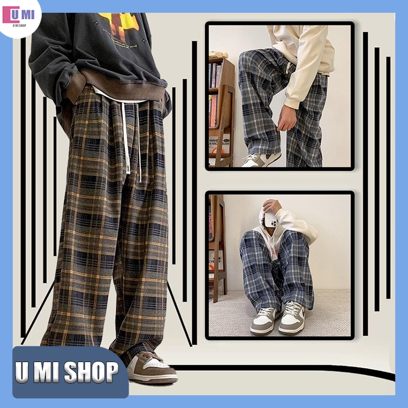Celana tartan pria Celana flannel yang longgar Loose pants pria Celana panjang pria style korea Cela