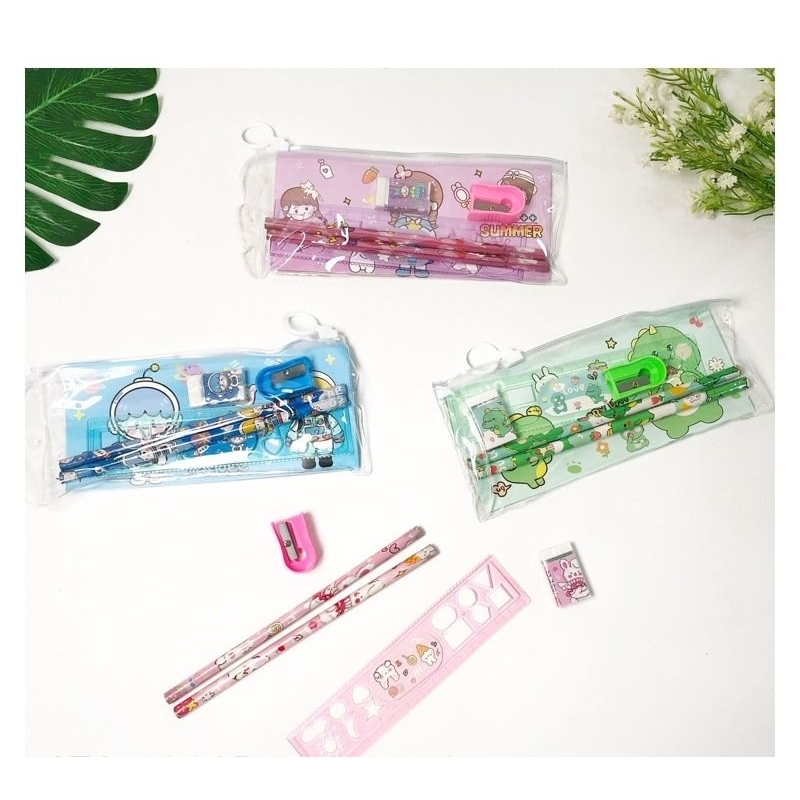 

Pensil set Alat tulis 5in1 kemasan Pouch Study Set Anak Pensil Penghapus Penggaris Hampers Ultah