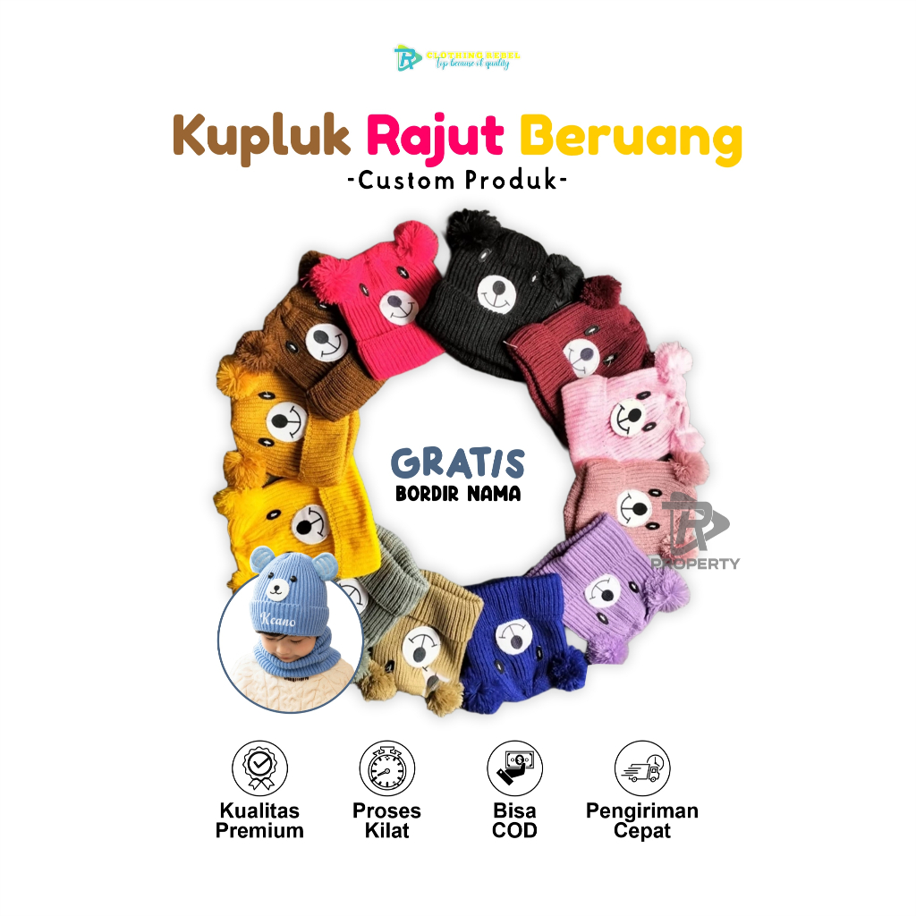 Topi Kupluk Rajut Anak Bayi Pompom Beruang Gratis Bordir Nama Unisex