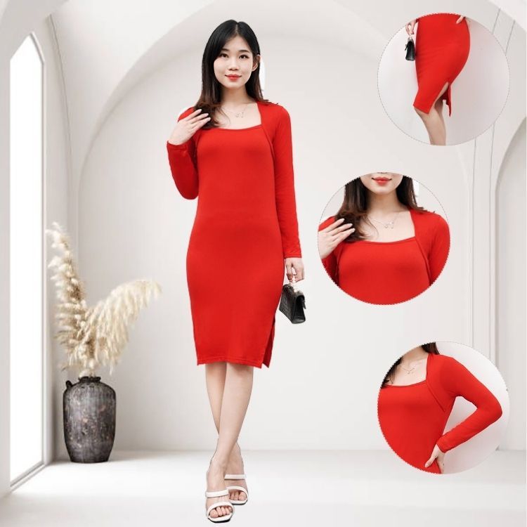 Dress Bodycon Lengan Panjang Wanita - Midi Dress Square Neck Korean Style