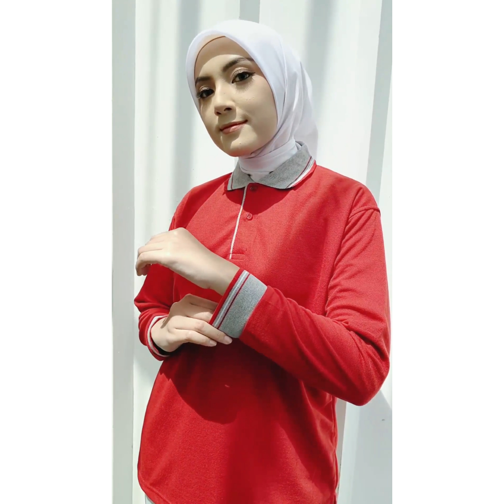 Poloshirt Premium Marun Kaos Kerah Polo Abu Stripe Kombinasi Panjang (Sablon & Bordir logo)