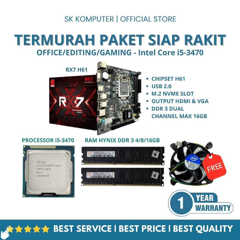 H61 RX7 - Paket Motherboard H61 LGA 1155 Core i5/i3 DDR 3 Mainboard Support Ssd M.2 Nvme Seri 2280 -