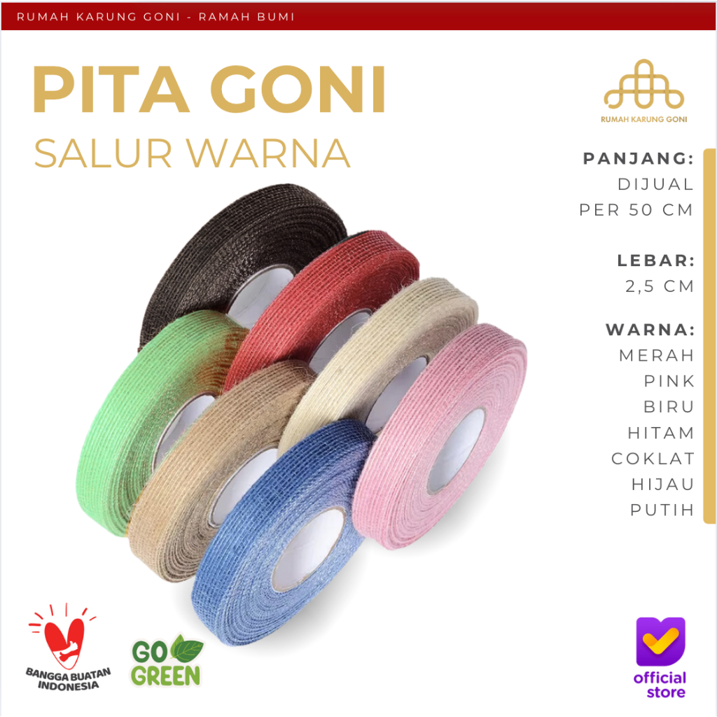 

Pita Goni Salur Warna 2.5 cm - Pita Imlek Hampers - Pita Kado - Tali Pita Kain - Pita Souvenir Rumah Karung Goni