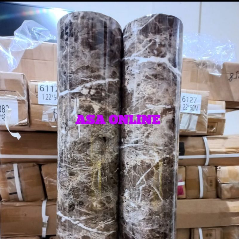 Wallpaper Sticker Meja Dapur Lemari Kayu Pintu Dinding Lantai Keramik Motif Marmer Coklat Berperekat