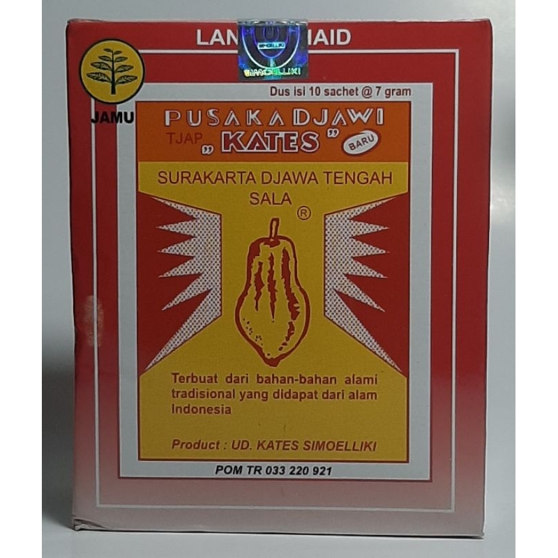 

Jamu Tjap Kates Asli Pusaka Djawi kemasan box isi 10 sachet.