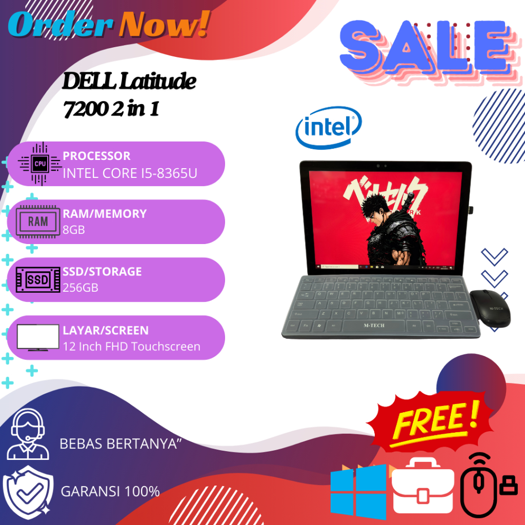 DELL Latitude 7200 2 in 1 Intel Core i5 Gen 8 FHD Touchs - Free Mouse Keyboard Wireless, Tas, dan Mo