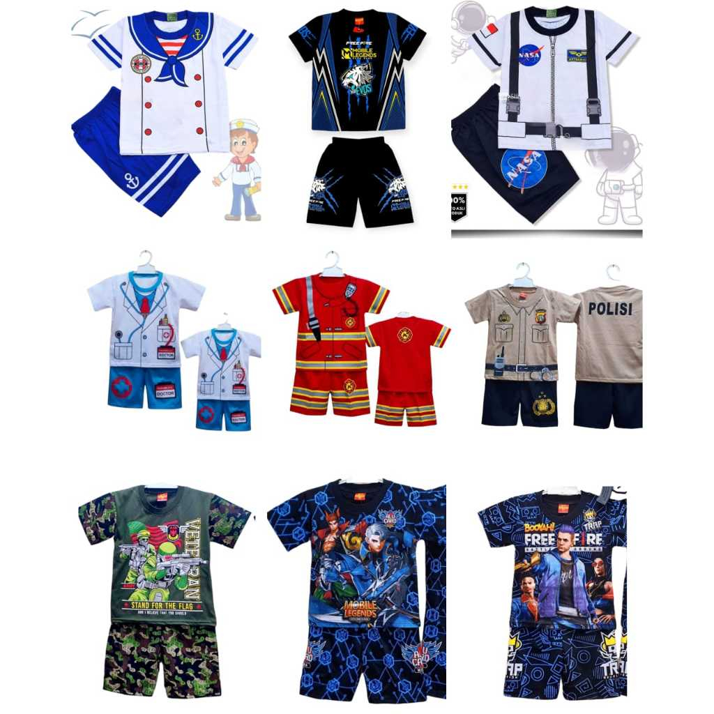 SETELAN BAJU ANAK PROFESI DAMKAR POLISI TENTARA DOKTER SUPIR BAJU SANTAI ANAK DINOSAURUS UNTUK ANAK 