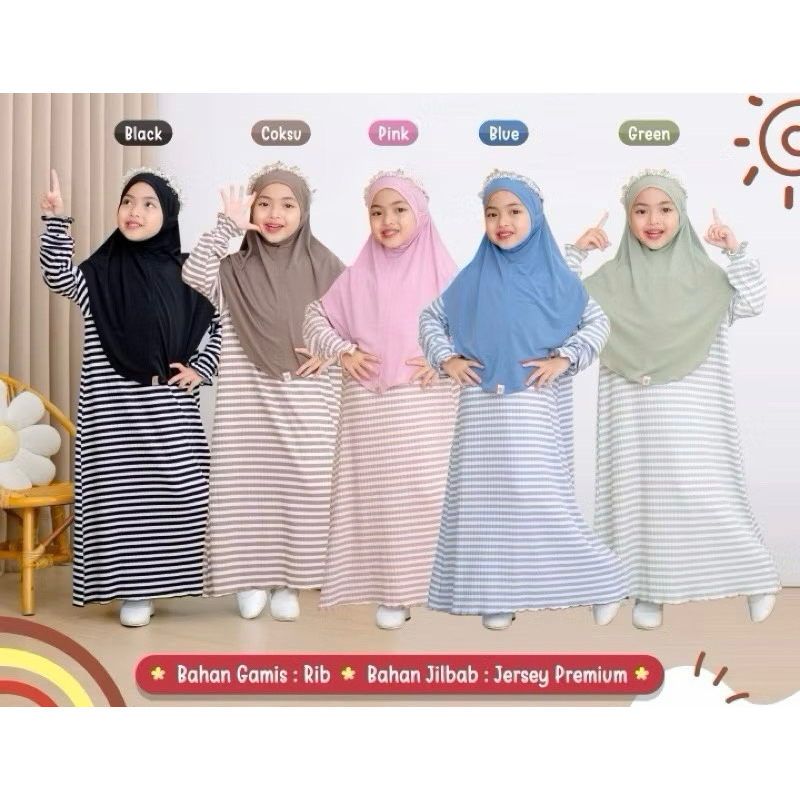 Set Gamis Knit #set gamis bahan knit premium #set gamis salur #gamis anak bahan adem #gamis anak usi