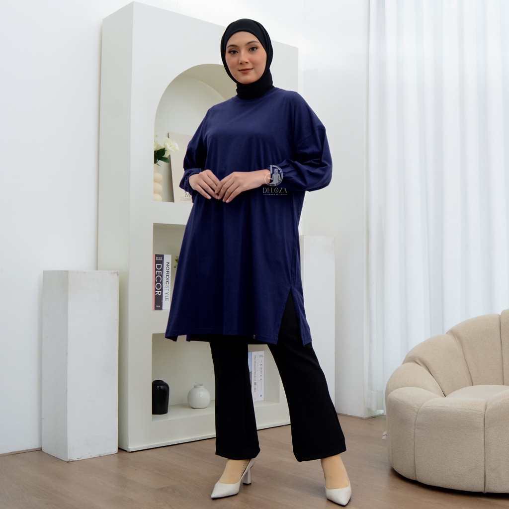 yut Araya Tunik Balon Oversize Lengan Balon Atasan Wanita Panjang Polos Midi Dress Jumbo Katun
