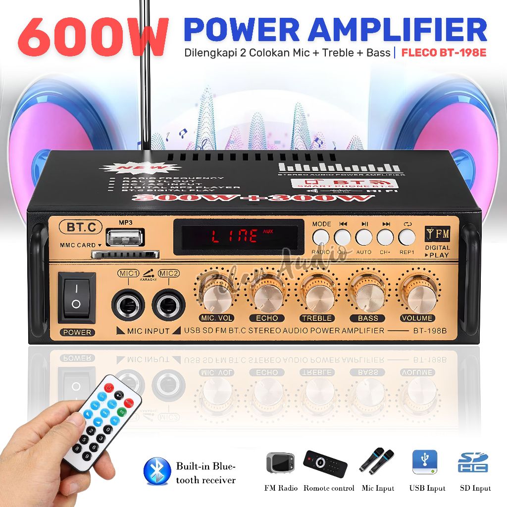 FLECO BT-198E Amplifier Bluetooth 600W Hitam | Karaoke + FM Radio