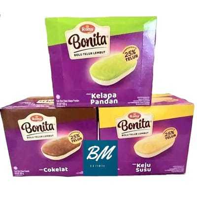 

Roma Bonita Bolu Telur 1 Box isi 12 Pcs Cokelat Keju Susu Kelapa Pandan