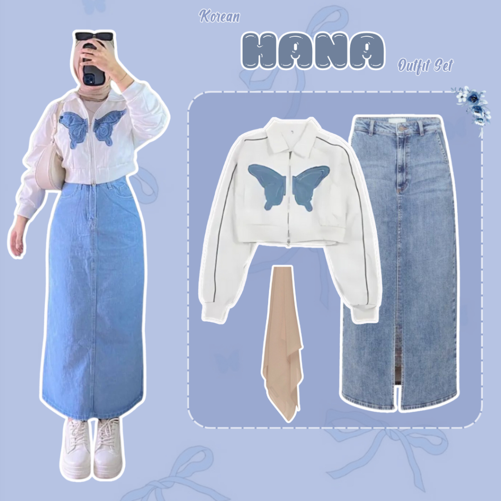 Hana Outfit Set [ Sweater + Rok Jeans + Hijab ] OOTD Korean  Simple Cocok Untuk  Hangout dan Ngampus