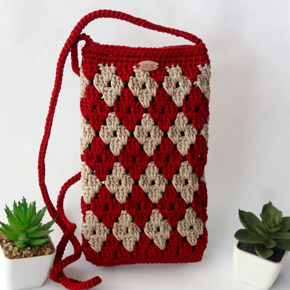 (COD) Tas HP Selempang Rajut / Dompet HP Wanita Rajut Pake Resleting