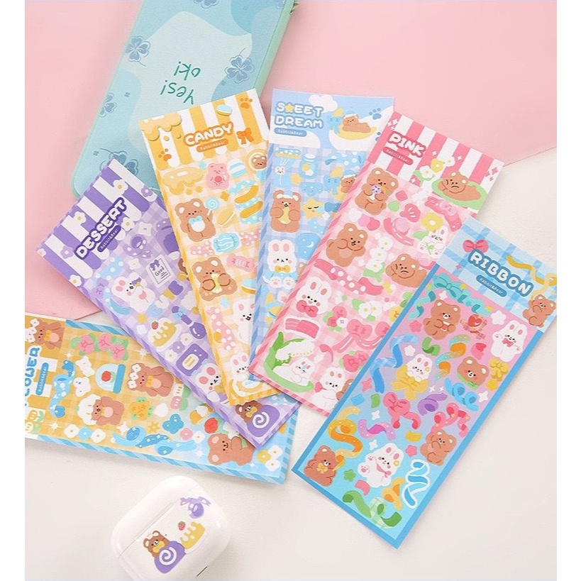 

#DS203 STICKER GLITTER AESTHETIC KARAKTER KARTUN BEAR RABBIT WATERPROOF 4 IN 1 STICKER LUCU ANTI AIR KARAKTER 4 LEMBAR PER PACK STICKER DIY JURNAL ANAK