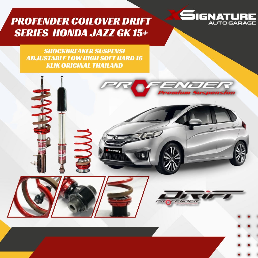 PROFENDER COILOVER DRIFT SERIES JAZZ GK 15+ SHOCKBREAKER SUSPENSI ADJUSTABLE LOW HIGH SOFT HARD 16 K