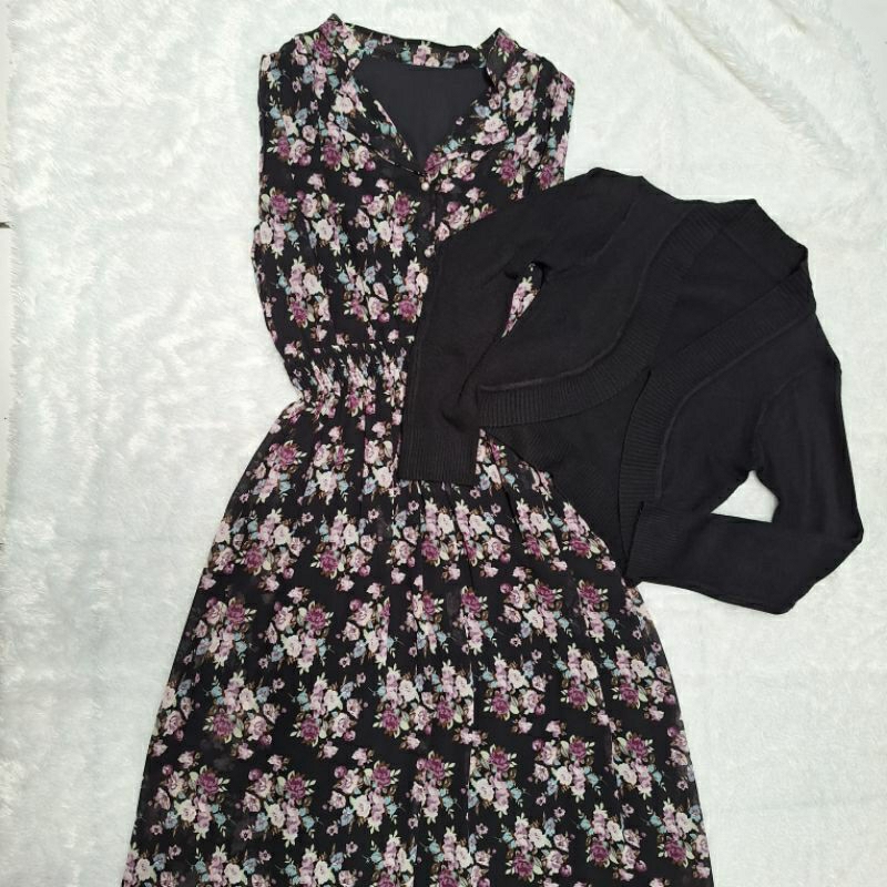 long dress bunga cardigan hitam