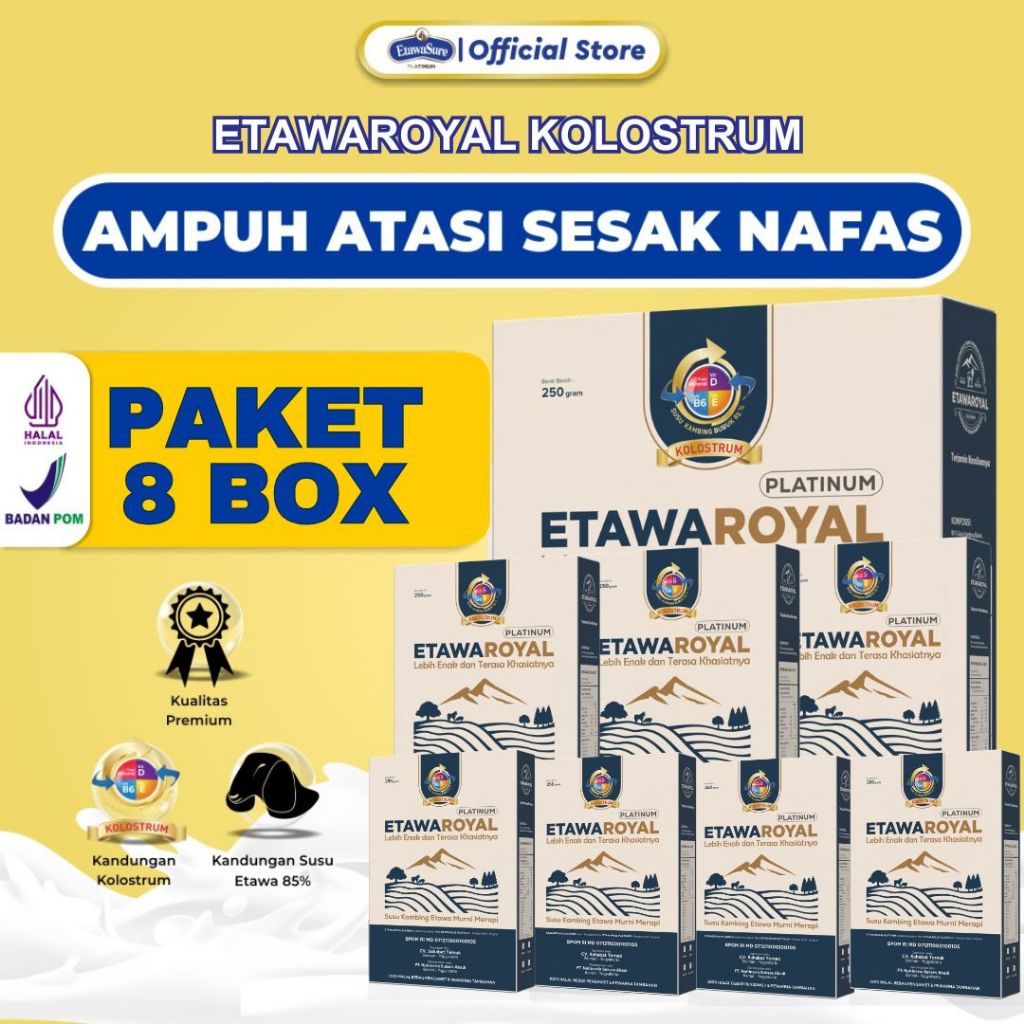 

ETAWAROYAL Platinum Perubahan merk Etawaplus Platinum Asli - 8 Box Susu Kambing Etawa Premium - Untuk Therapi Nyeri Sendi, Pegal Linu, Keluhan Pernafasa, Asam Lambung, Paru - Paru dan Untuk Therapi Rematik Kemasan 250gram Resmi BPOM dan Halal MUI