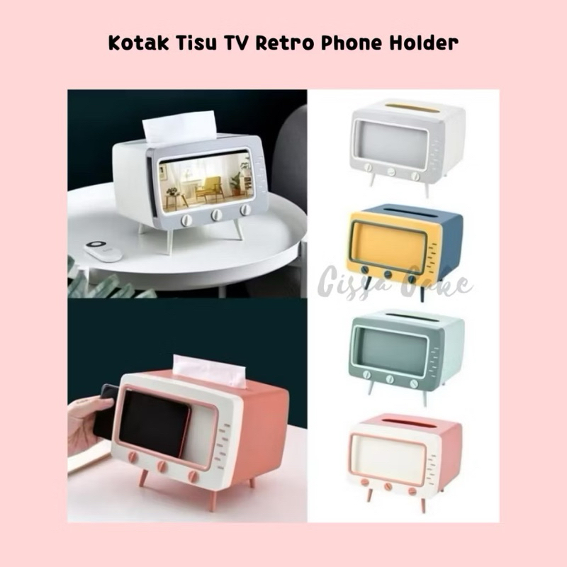 Kotak Tisu TV Retro Phone Holder Tempat Tisu Televisi Stand Handphone