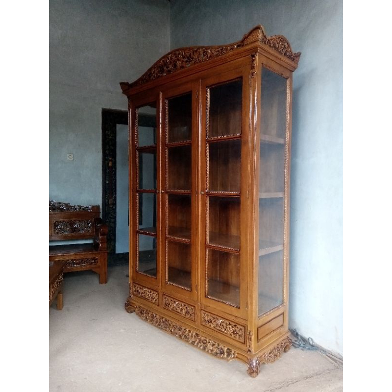 LEMARI HIAS KACA PALEMBANG LEMARI PAJANGAN JATI LEMARI BUKU MINIMALIS LEMARI UKIR MURAH