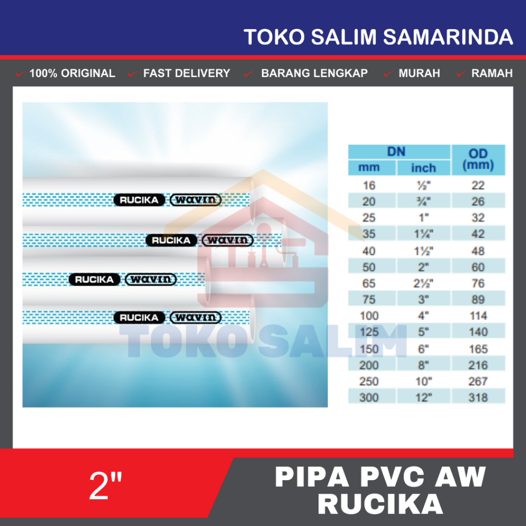 Pipa Rucika 2 Inci 4 Meter AW Biru / D Merah | Pipa PVC Paralon 2 Inch 4mtr AW / D BERKUALITAS