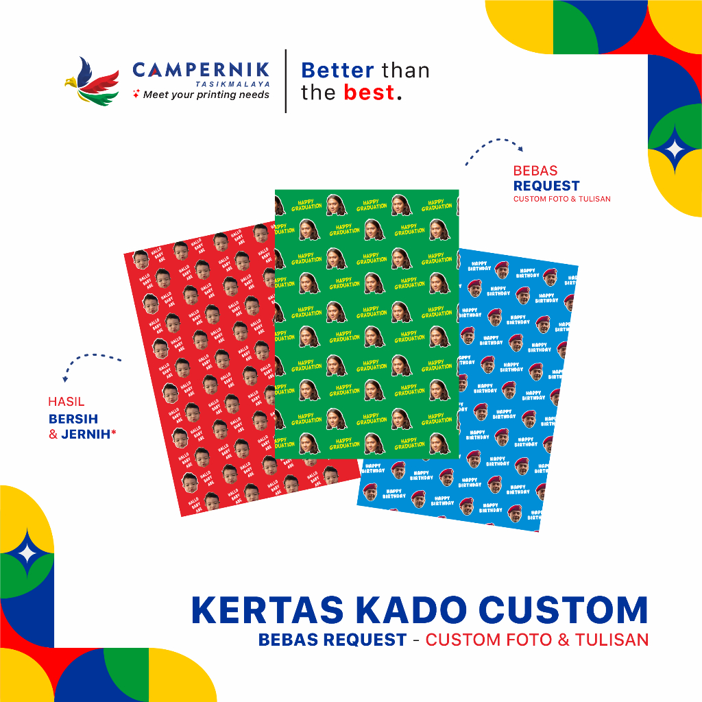 

KERTAS KADO CUSTOM (3 LEMBAR A3+) PAKAI FOTO SENDIRI / CETAK GIFT PAPER VIRAL