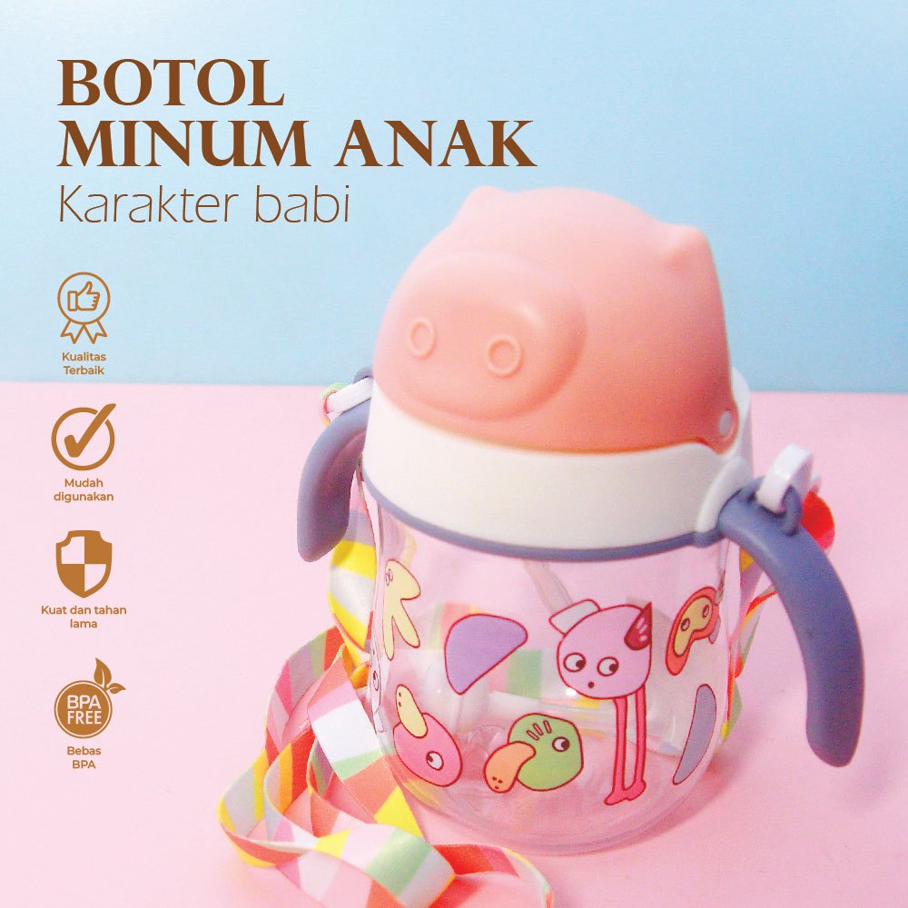 Botol Minum Susu Anak Pengganti Dot Bayi Karakter Piggy Anti Tumpah 280 ml