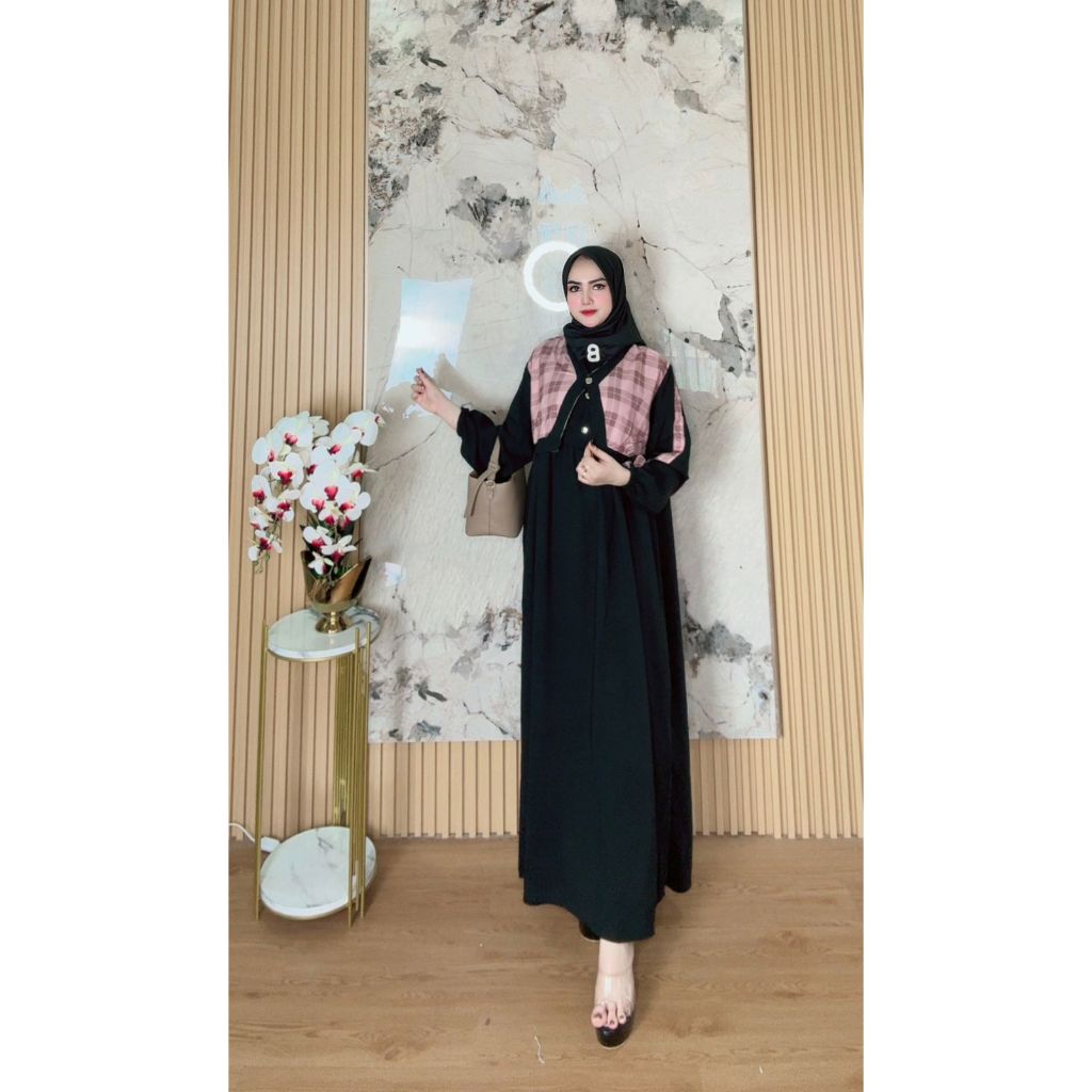 Gamis Hitam Kotak-Kotak Yasira set hijab free legging kombinasi polymicro motif