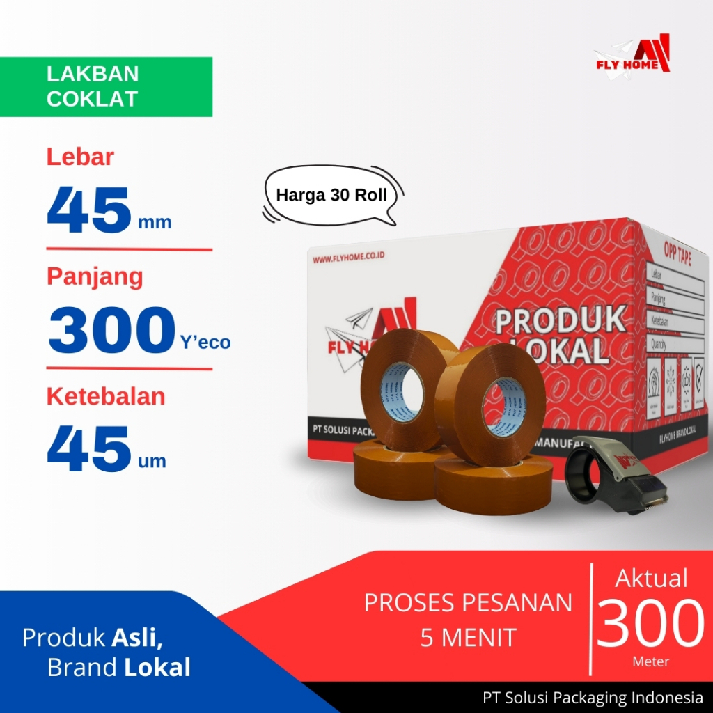 

FLYHOME LAKBAN COKLAT 500YARD 1 DUS 45MM X 500YARD 30 ROLL LAKBAN JUMBO 500 YARD ECO CARGO