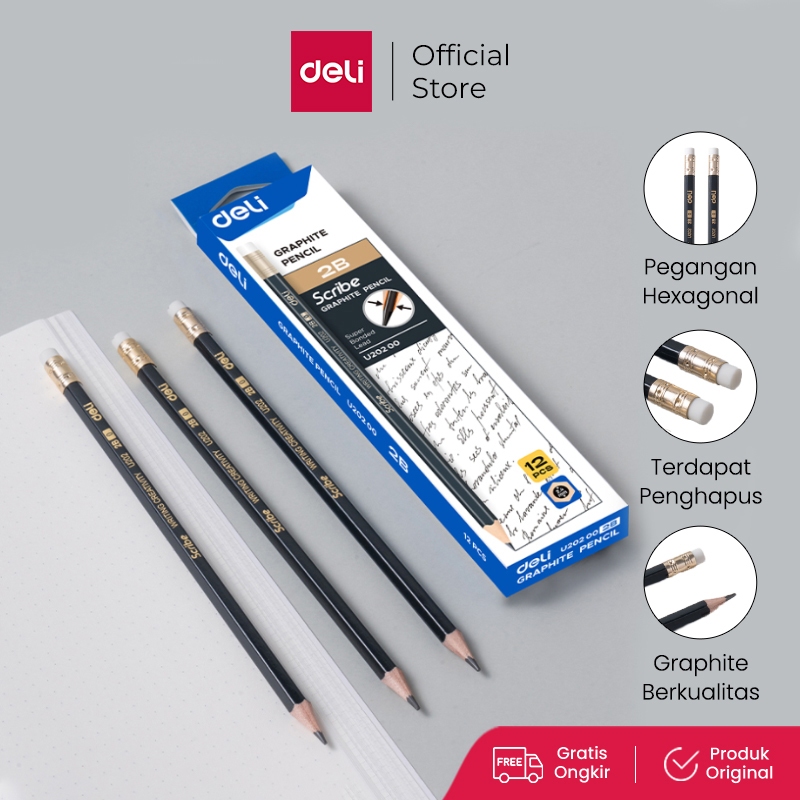 

Deli Graphite Pensil hitam pekat dengan penghapus bebas PVC tidak beracun EU20200