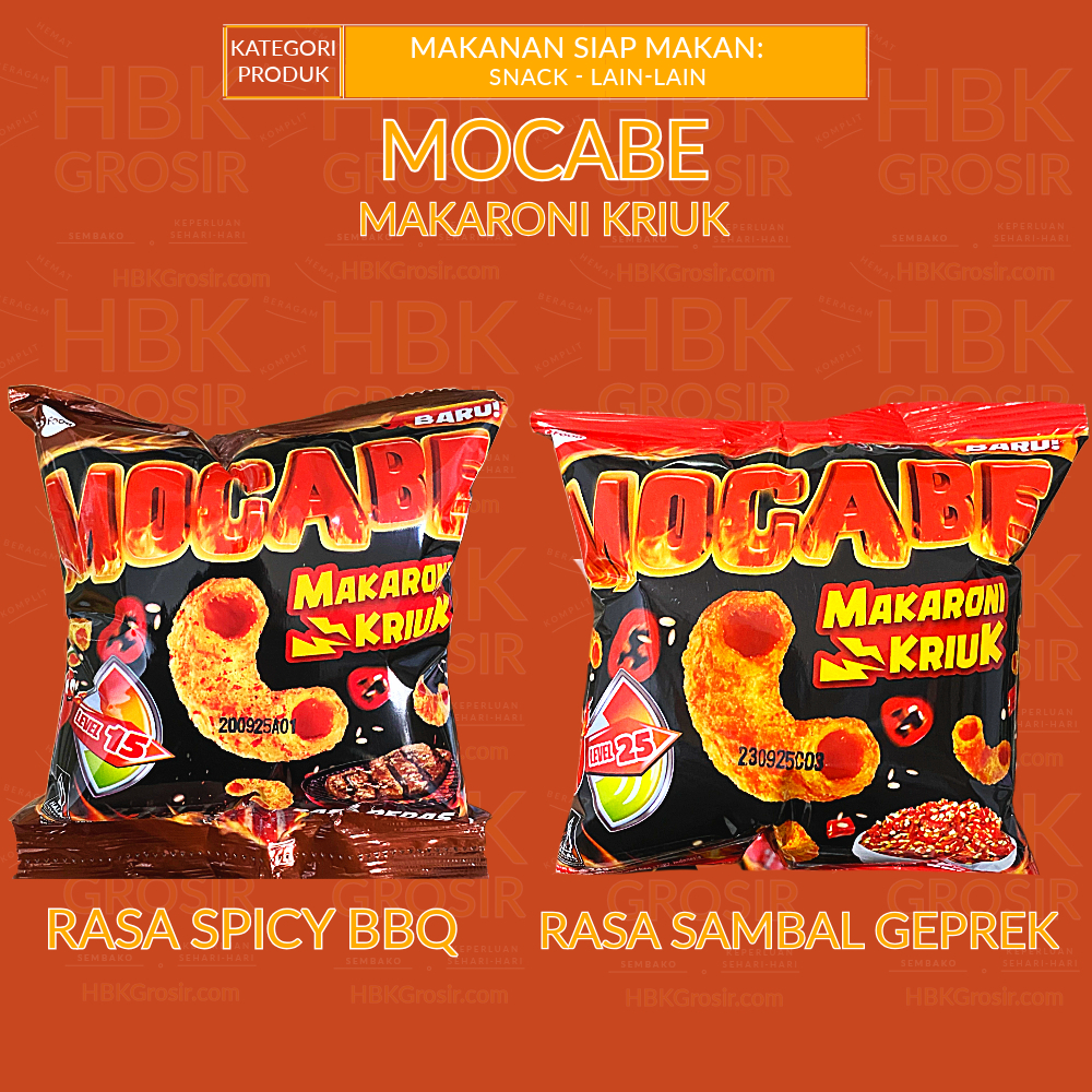 

Snack Makaroni Kriuk Pedas Mocabe Rasa Spicy BBQ Lvl. 15 / Rasa Sambal Geprek Lvl. 25