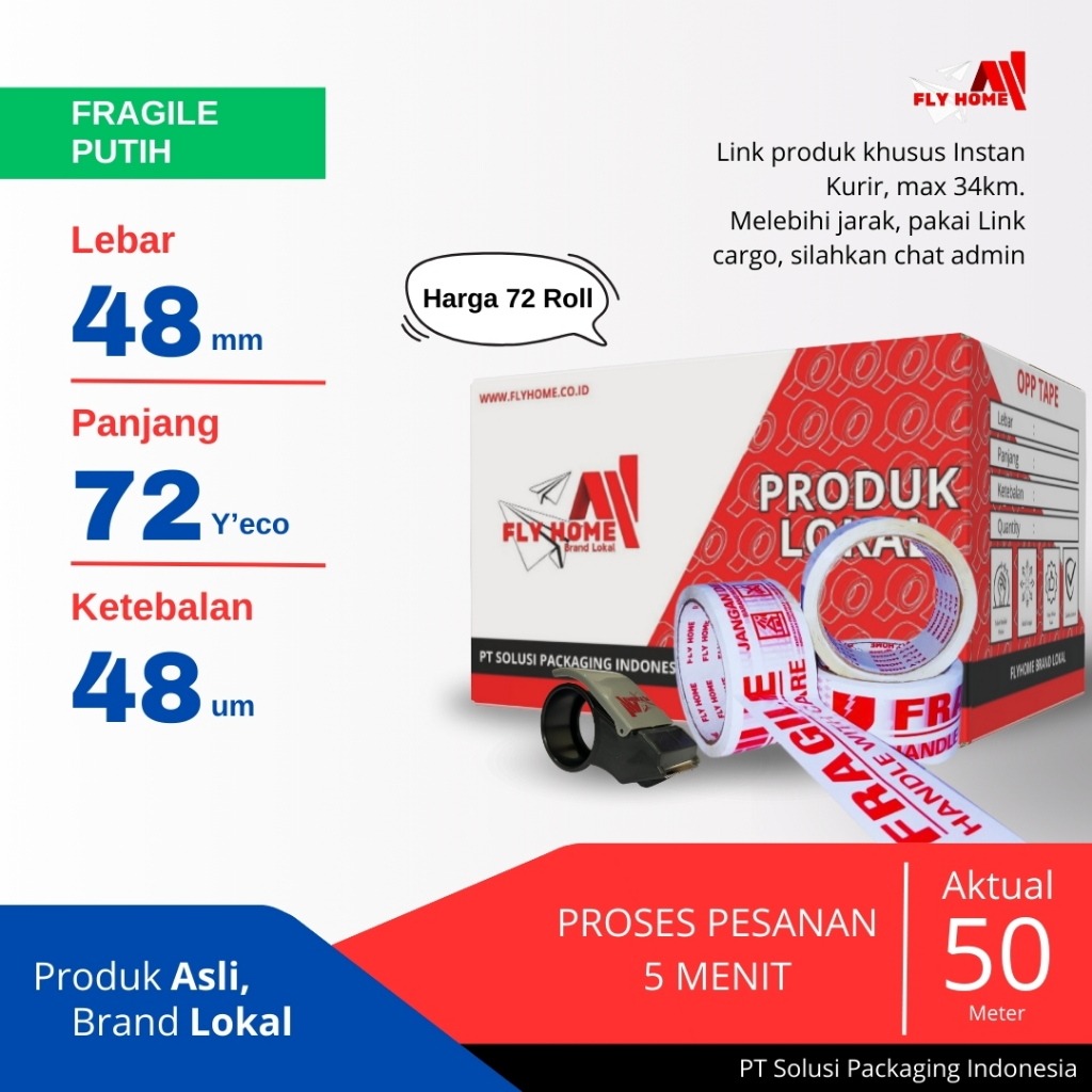 

FLYHOME Fragile putih 1 dus 72yard 48mm x 72yard 2inchi lakban Printing ECO Instan