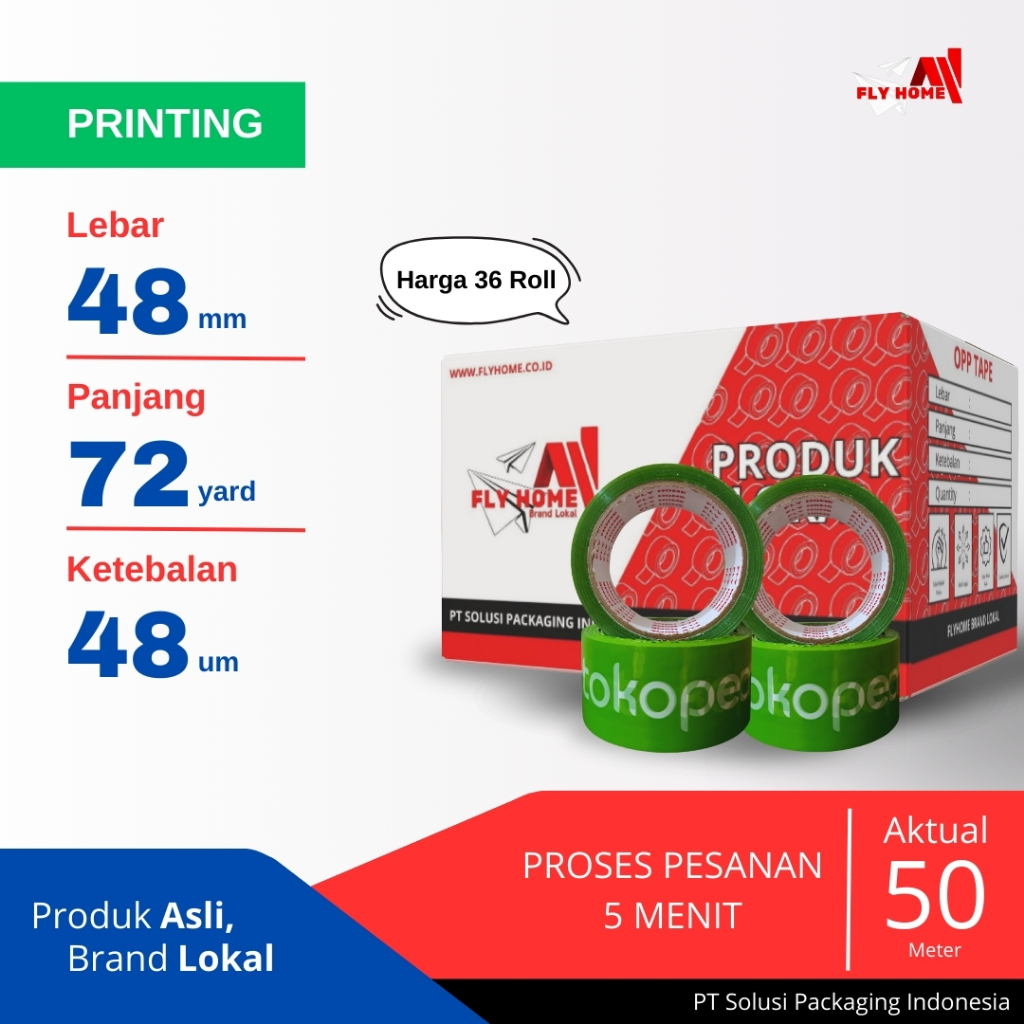 

FLYHOME LAKBAN ONLINE SHOP 1/2 DUS 72YARD TK HIJAU 48MM X 72YARD 36 ROLL ECO