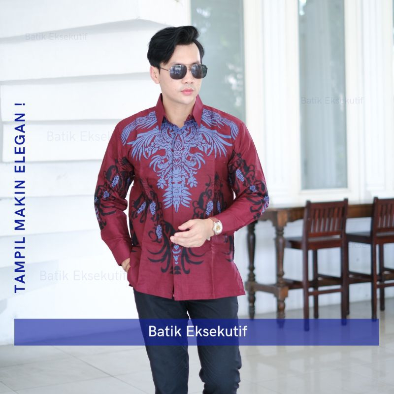 Kemeka batik pria Lengan panjang Merah batik modern batik pria lapis furing baju batik pria Premium 