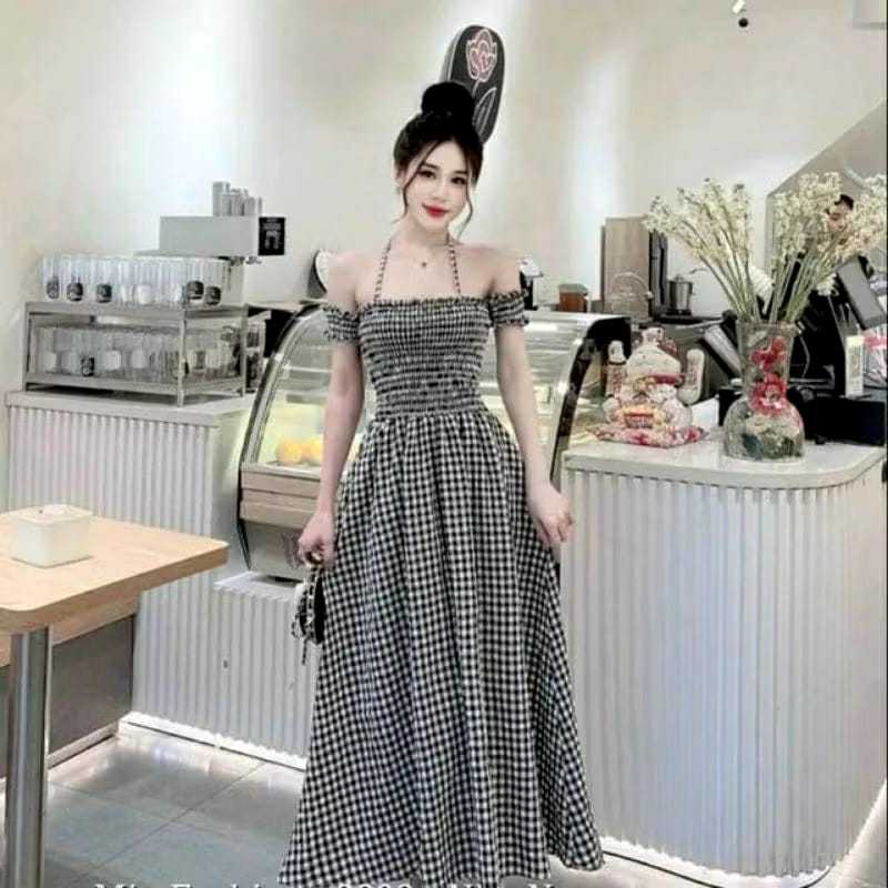 KINAN long dress sabrina motif kotak kotak korea style// dress cod // dres kekinian// dress motif ko