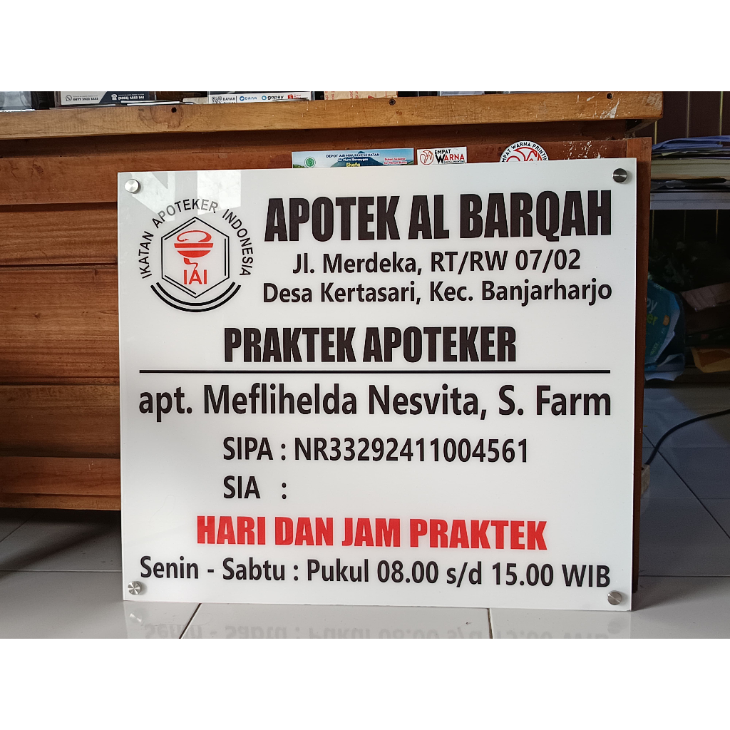 

Papan Praktek Apoteker, Dokter, Bidan , Perawat, Dll| Custom| untuk Indor, Outdor (BAHAN AKRILIK)