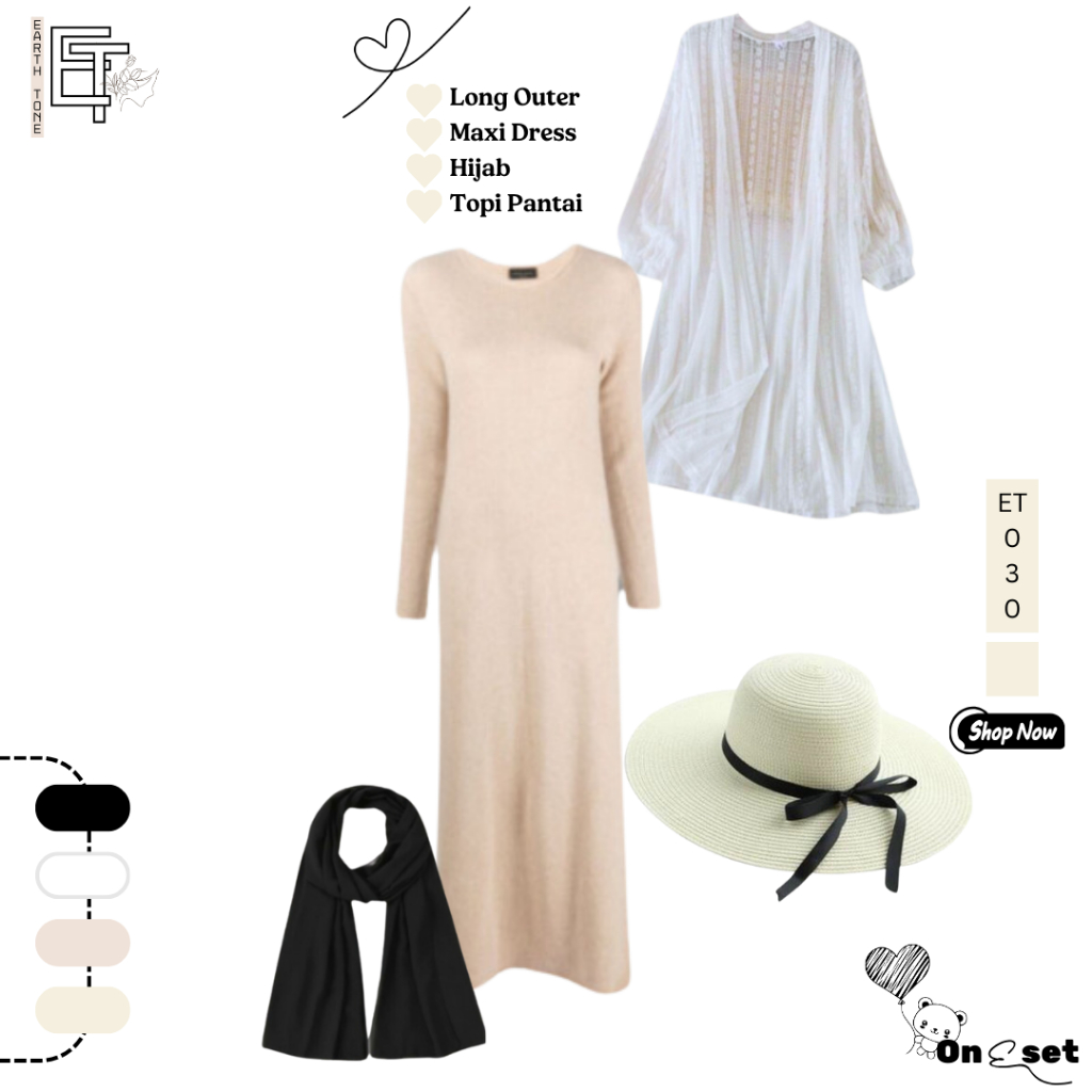 OOTD Pantai Wanita Hijab -Long Outer + Dress Maxi + Topi Pantai + Pashmina Ceruty Premium [ET030]