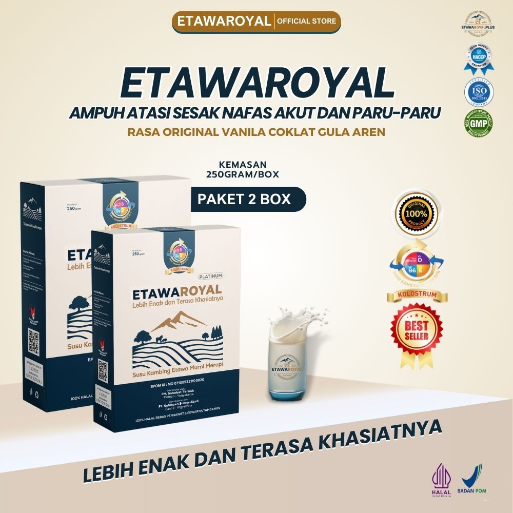 

ETAWAROYAL Platinum Kolostrum Perubahan Merk Etawaplus Platinum Asli - Susu Kambing Etawa Untuk Therapy Sesak Nafas, Pegal Linu - paket 2 Box 250gram