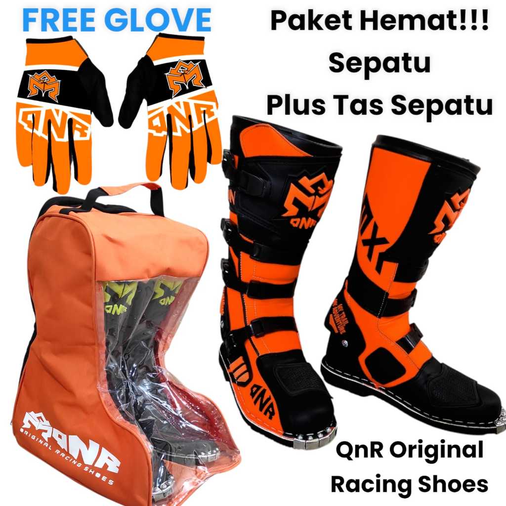 PAKET HEMAT  SEPATU CROSS ORANGE BLACK QNR ORIGINAL  PLUS TAS JINGJING SEPATU BONUS SARUNG TANGAN PR