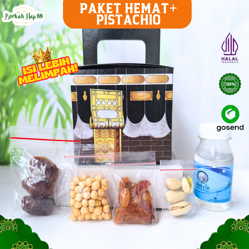 

Paket Oleh Oleh Haji dan Umrah Gift Hampers Tas Kabah Air Zamzam Original Kacang Pistachio