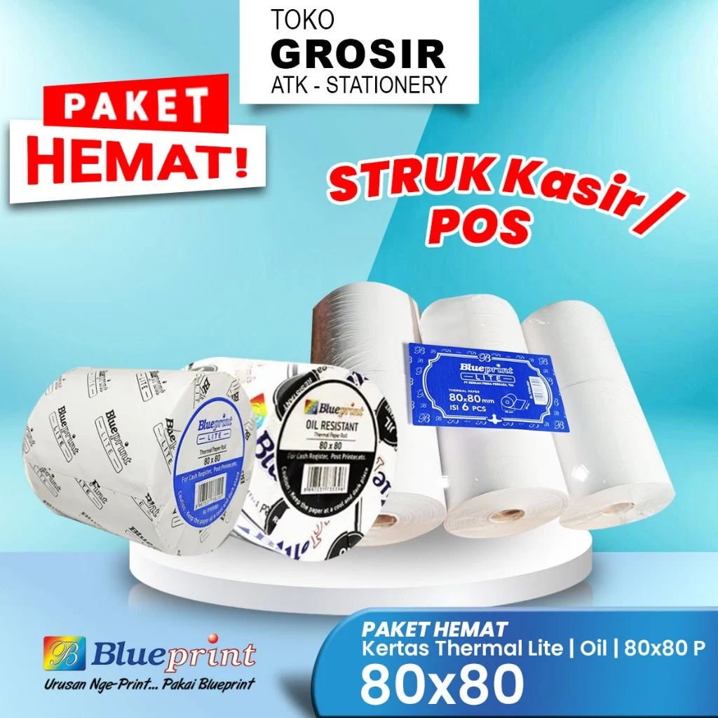 

(LIVE) PROMO HEMAT 80x80 KERTAS KASIR STRUK KERTAS THERMAL TERMAL EDC PPOB BLUEPRINT LITE | OIL 80MM X 80 Paket Hemat